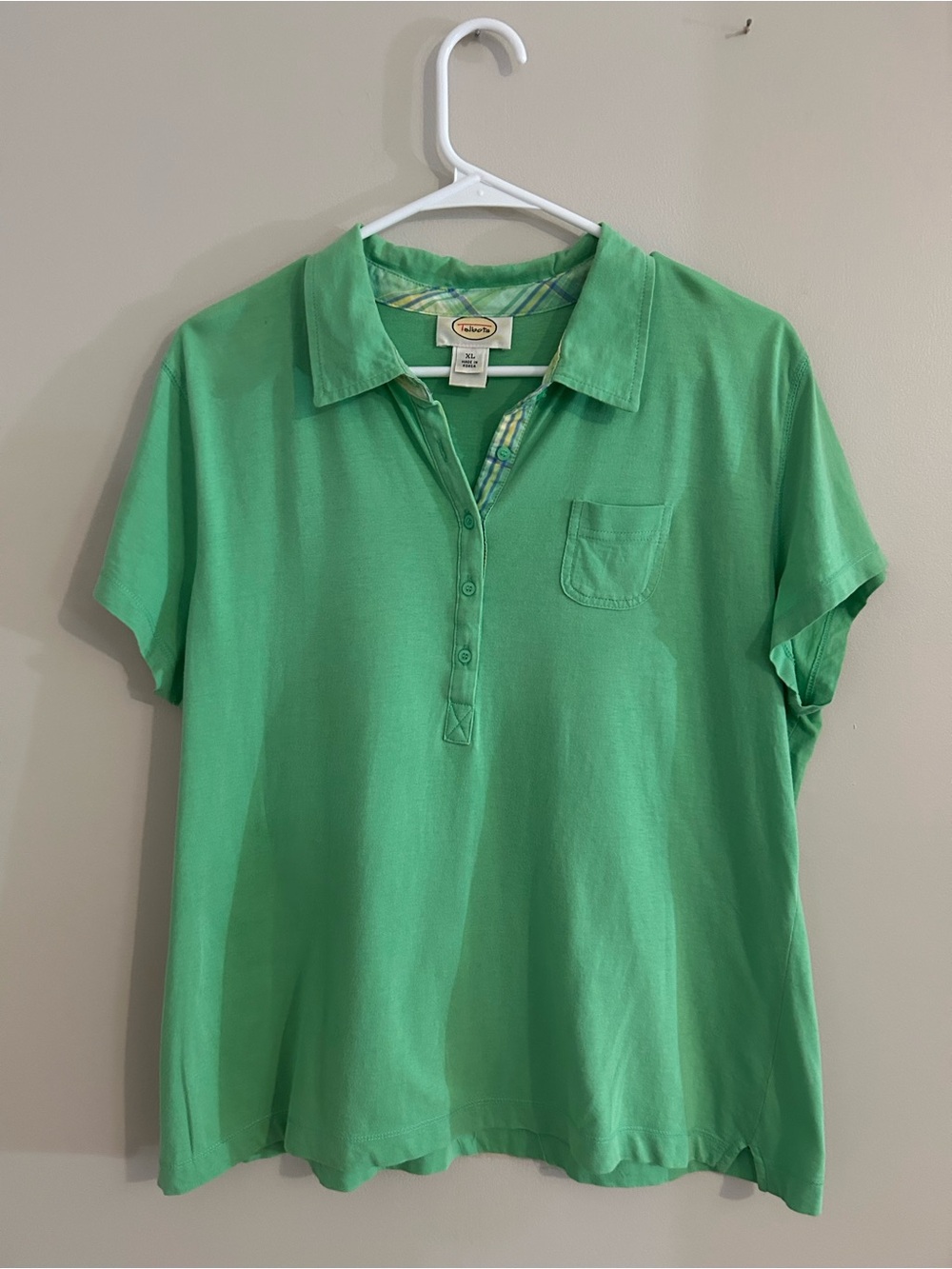 Talbots Green Button-Up Polo with Plaid Trim